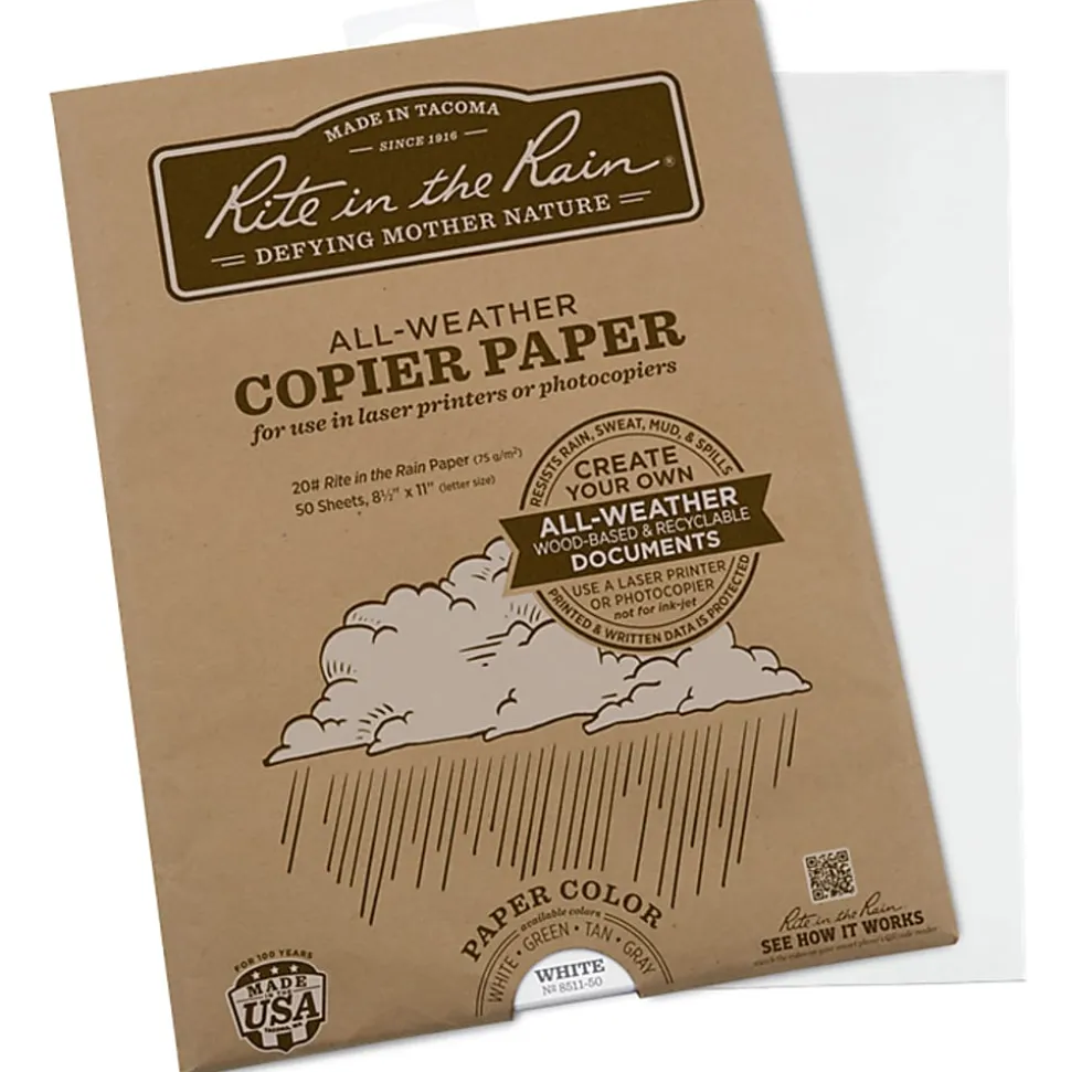 Rite in the Rain® All-Weather Multi-Use Printer & Copy Paper, White, 8.5" x 11 3/4", 50 Sheets Per Pack, 20 Lb, 84 Brightness