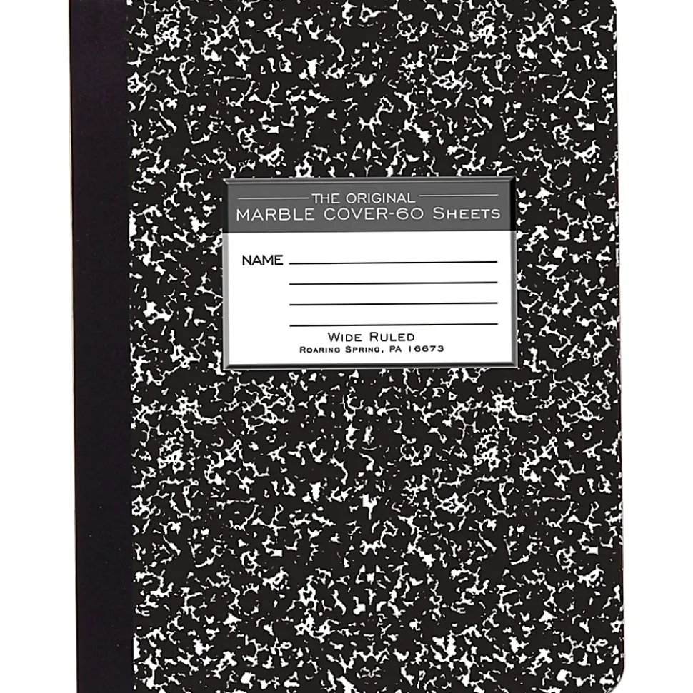 Roaring Spring Tape Bound Composition Notebook, 7 1/2" x 9 3/4", 60 Sheets, Black Marble