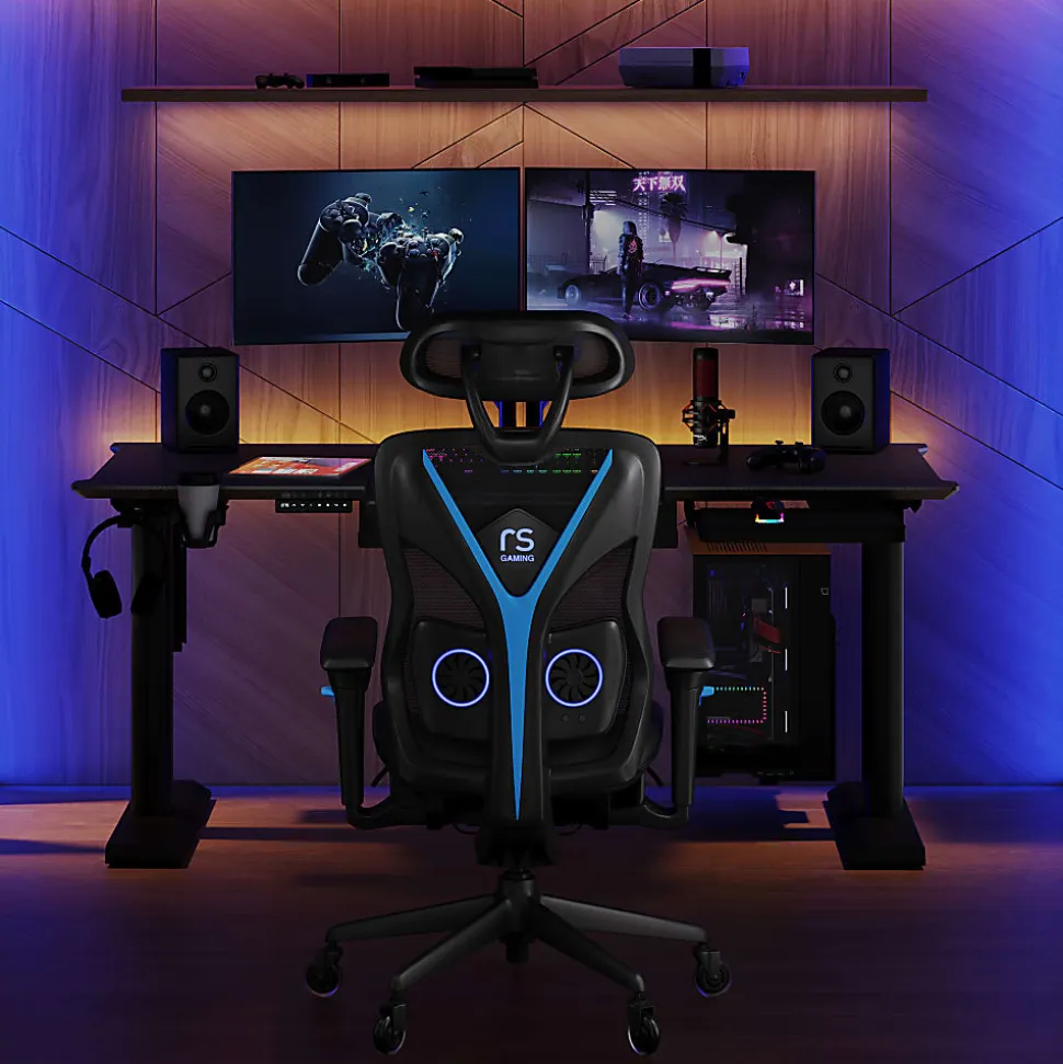 RS Gaming™ Eonix Ergonomic Mesh/Vegan Leather High-Back Active Chair & Footstool, Black/Blue, BIFMA Compliant