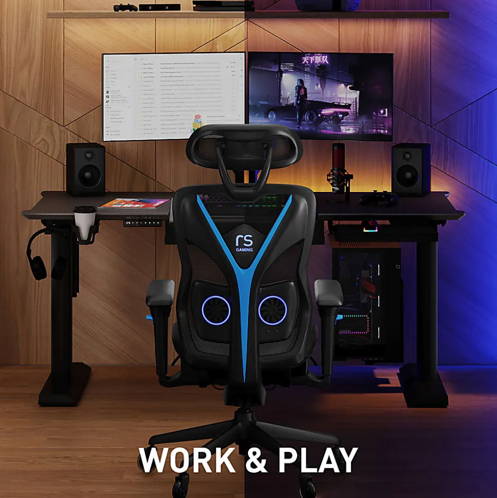 RS Gaming™ Eonix Ergonomic Mesh/Vegan Leather High-Back Active Chair & Footstool, Black/Blue, BIFMA Compliant