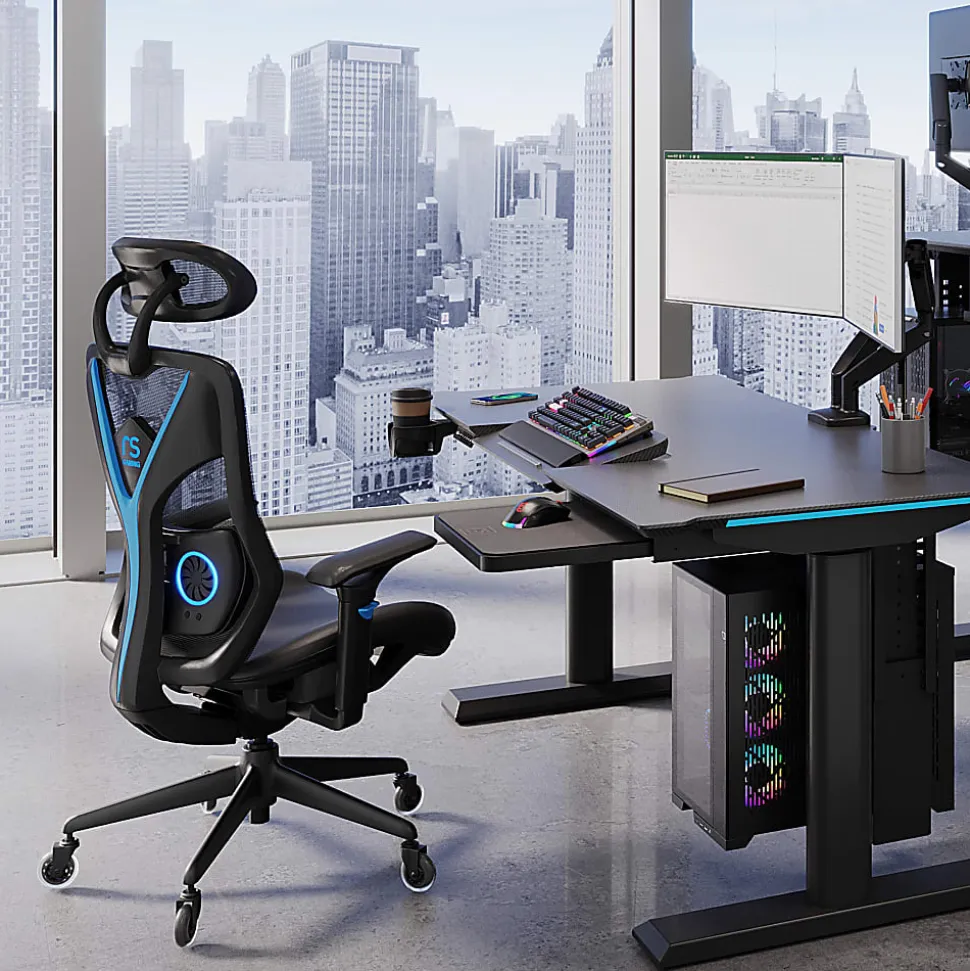 RS Gaming™ Eonix Ergonomic Mesh/Vegan Leather High-Back Active Chair & Footstool, Black/Blue, BIFMA Compliant