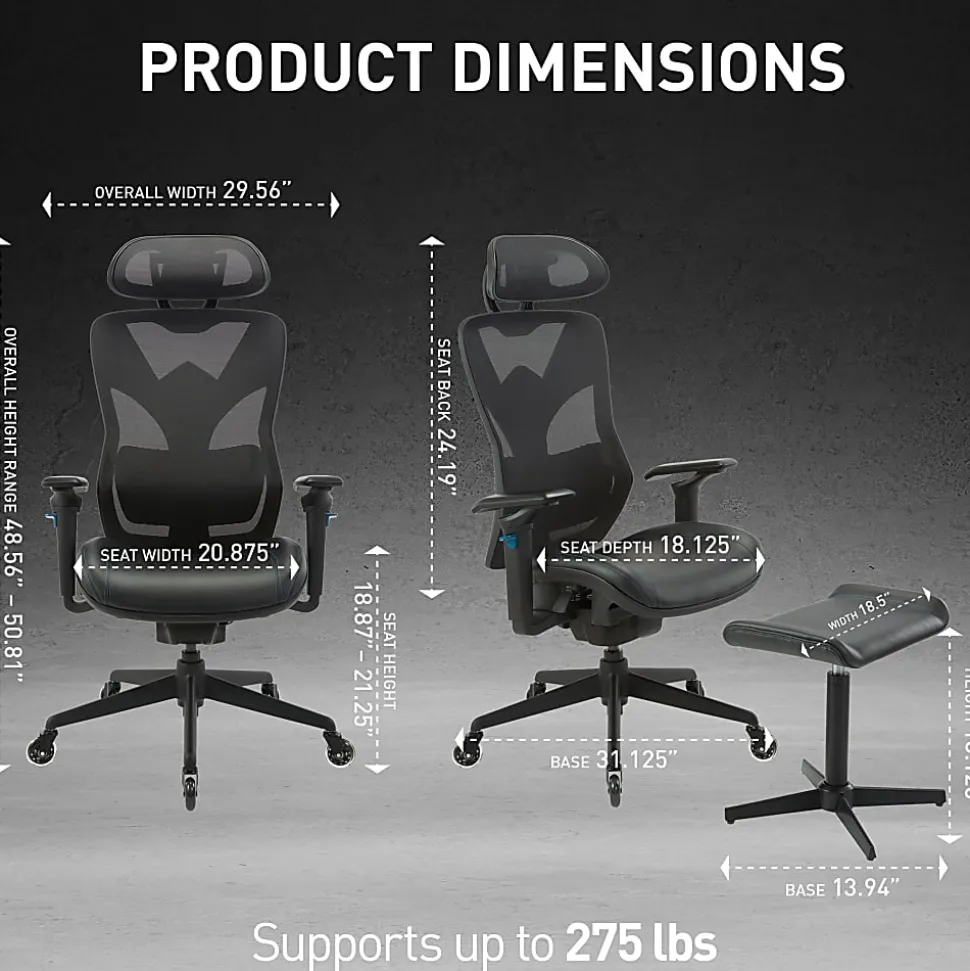 RS Gaming™ Eonix Ergonomic Mesh/Vegan Leather High-Back Active Chair & Footstool, Black/Blue, BIFMA Compliant
