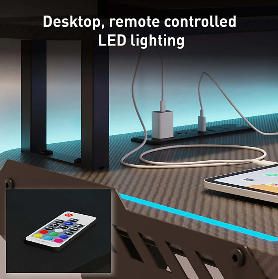RS Gaming™ Venno 2.0 RGB Gaming Computer Desk with Hutch & Integrated Power, Black, BIFMA Compliant