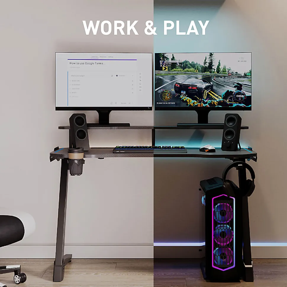 RS Gaming™ Venno 2.0 RGB Gaming Computer Desk with Hutch & Integrated Power, Black, BIFMA Compliant