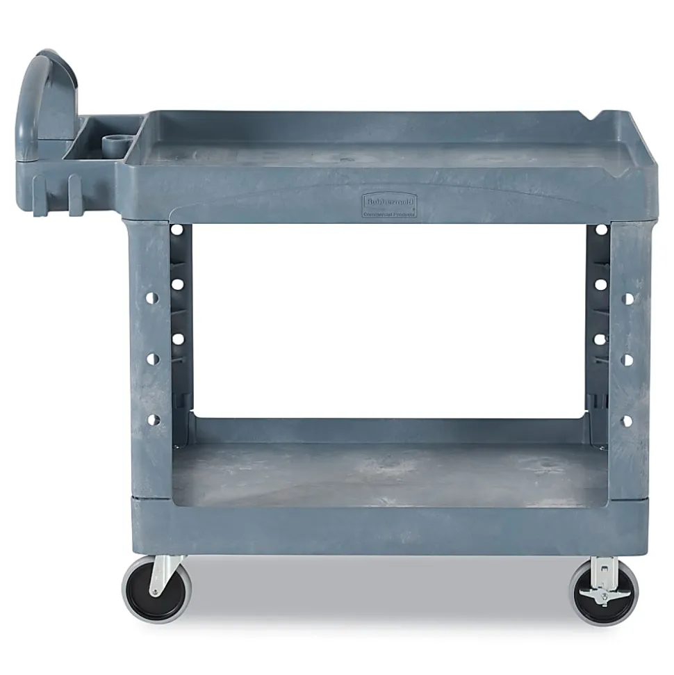 Rubbermaid® Commercial BRUTE Heavy-Duty Ergo Handle Utility Cart, Plastic, 2 Shelves, 750 lb Capacity, 26" x 55" x 33.25", Gray