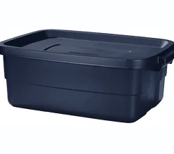 Rubbermaid® Roughneck Tote With Lid, 10 Gallons, 8-7/8"H x 15-7/8"W x 23-7/8"D, Dark Indigo Metallic