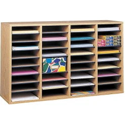 Safco® Adjustable Wood Literature Organizer, 24"H x 39-3/8"W x 11-3/4"D, 36 Compartments, Oak