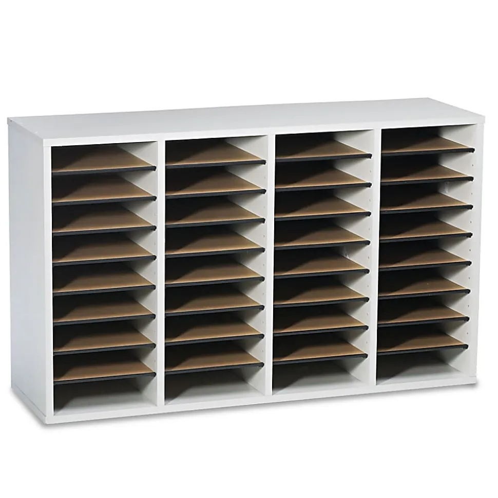Safco® Adjustable Wood Literature Organizer, 24"H x 39-3/8"W x 11-3/4"D, 36 Compartments, Gray