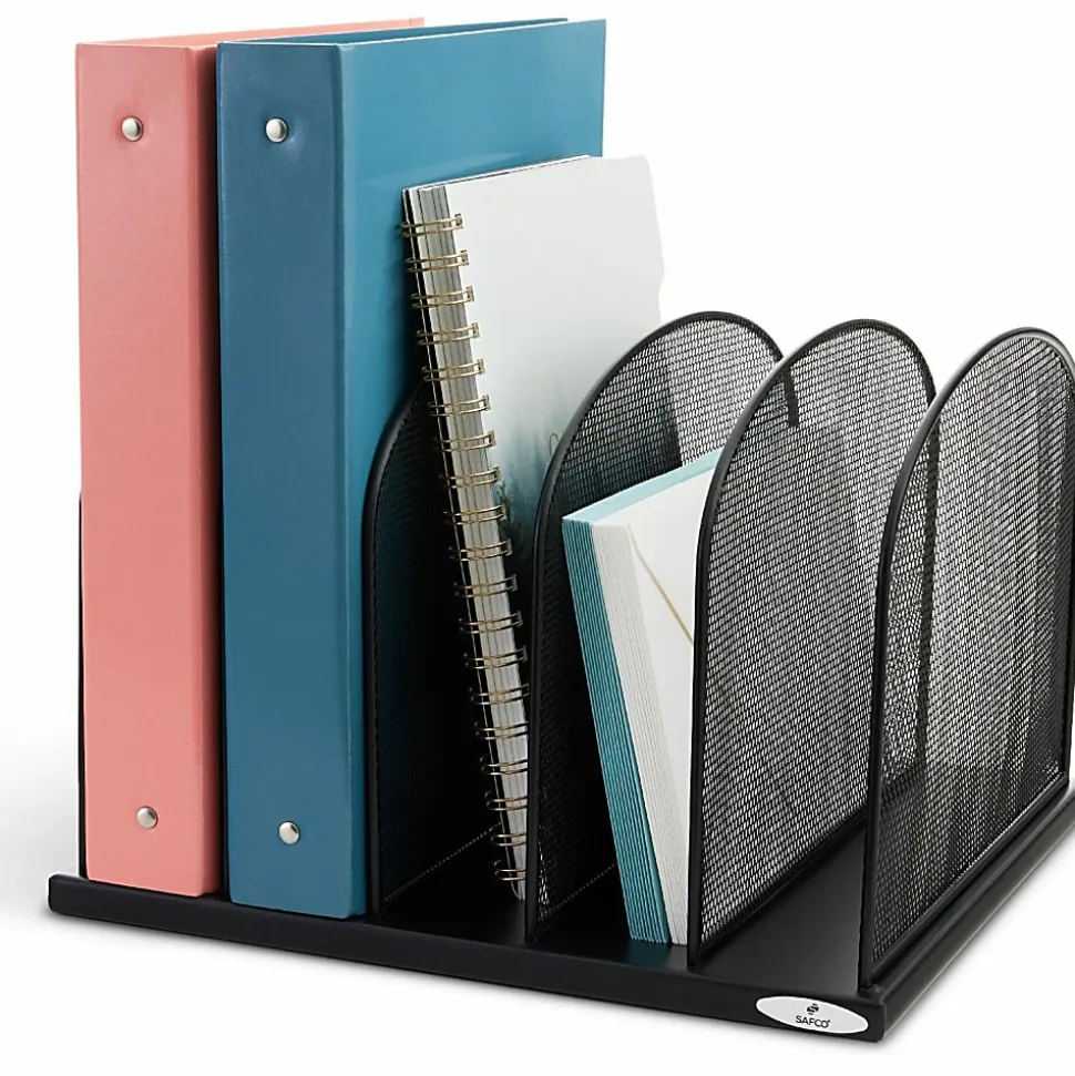 Safco Mesh Desk Organizers, 5 Compartment(s), 2", 8.3"H x 12.5"W x 11.3"D, Desktop, Black, Steel, 1Each