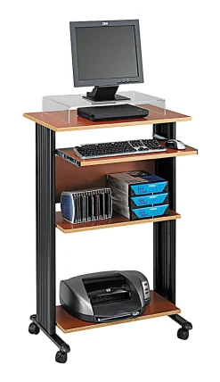 Safco® Muv 30"W Fixed Height Stand-Up Mobile Workstation With 2-Shelves and Keyborad Tray, Cherry/Black