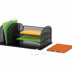 Safco® USB Powered Onyx™ Mesh Desk Organizer, 3 Horizontal/3 Upright Sections, Black