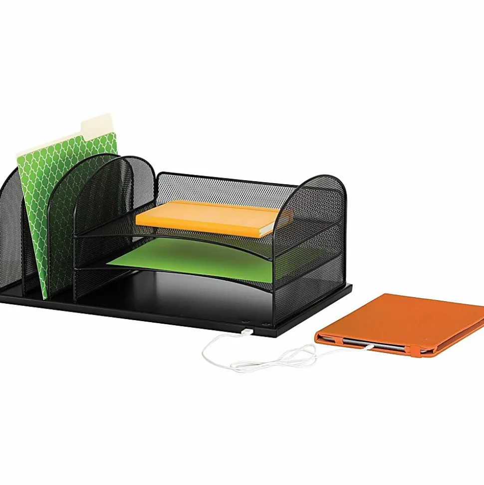 Safco® USB Powered Onyx™ Mesh Desk Organizer, 3 Horizontal/3 Upright Sections, Black