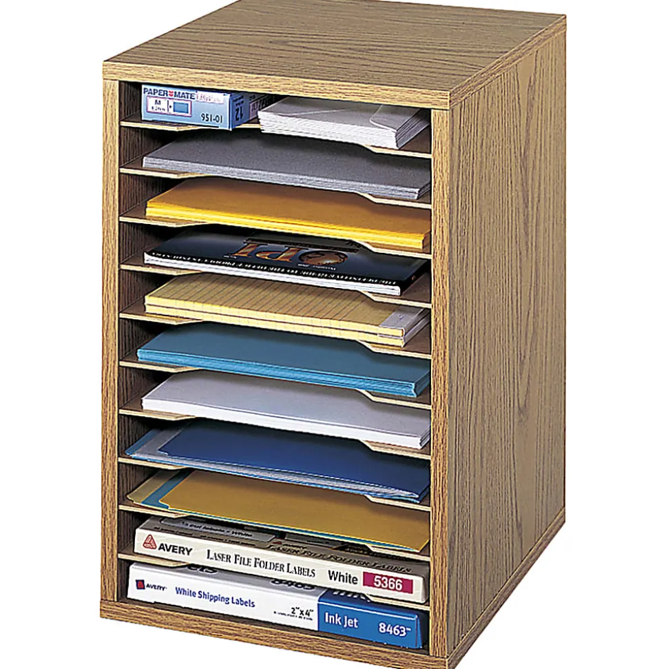Safco® Vertical Desk Top Sorter, 11 Compartment, 16" H x 10¾" W x 12" D, Medium Oak