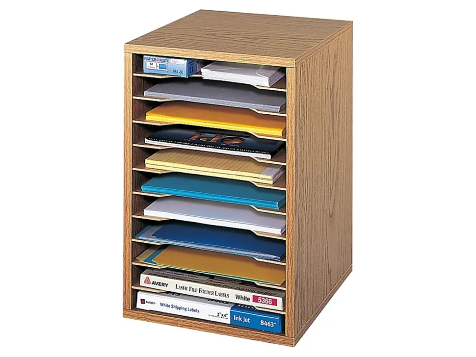 Safco® Vertical Desk Top Sorter, 11 Compartment, 16" H x 10¾" W x 12" D, Medium Oak