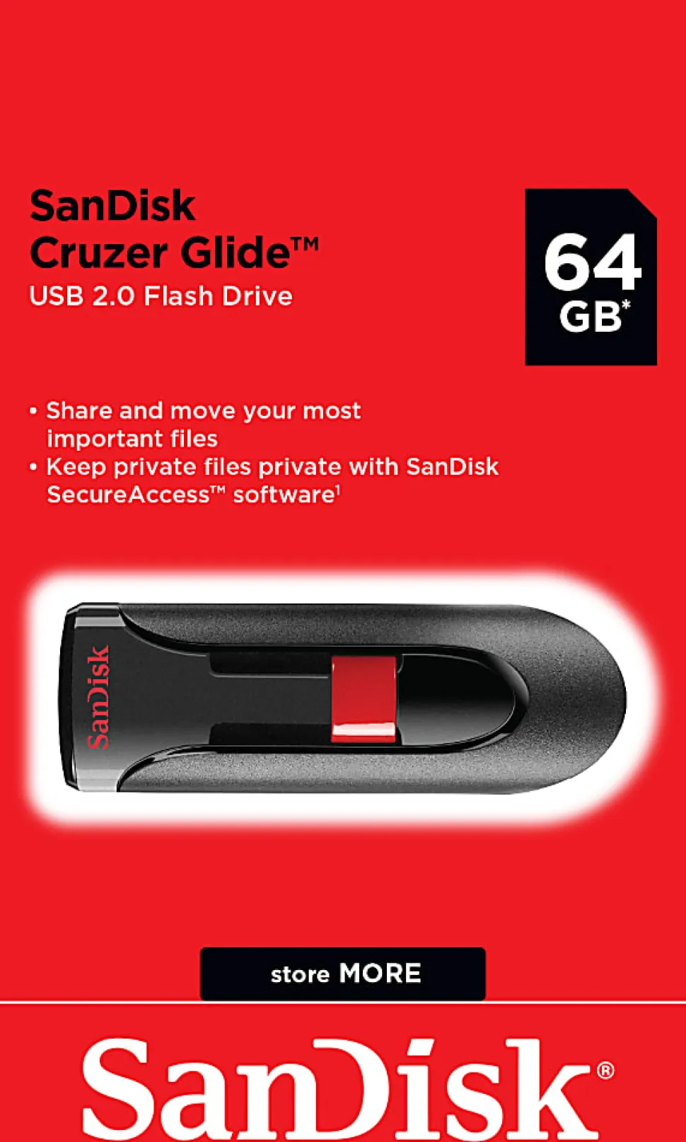 SanDisk Cruzer Glide™ USB 2.0 Flash Drive, 64GB, Black