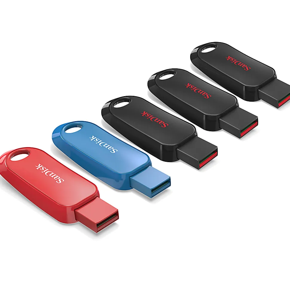 SanDisk Cruzer Snap™ USB 2.0 Flash Drives, Pack of 5, 32GB, Black, Red, Blue