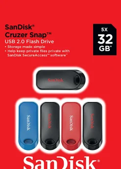 SanDisk Cruzer Snap™ USB 2.0 Flash Drives, Pack of 5, 32GB, Black, Red, Blue