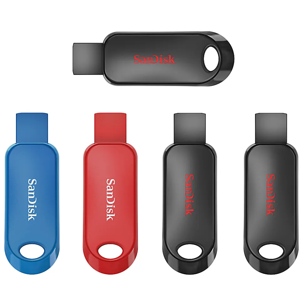 SanDisk Cruzer Snap™ USB 2.0 Flash Drives, Pack of 5, 32GB, Black, Red, Blue