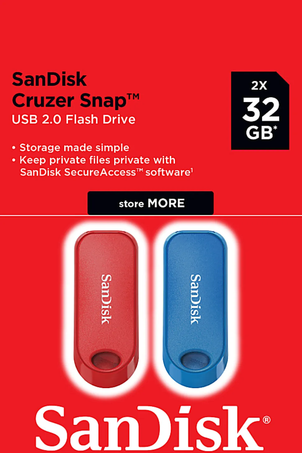 Sandisk Cruzer Snap USB Flash Drive Pack of 2, 32GB, Red and Blue
