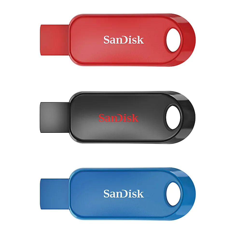 SanDisk® Cruzer Snap USB Flash Drives Pack of 3, 32GB, Black, Blue, Red