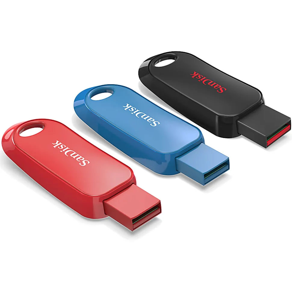 SanDisk® Cruzer Snap USB Flash Drives Pack of 3, 32GB, Black, Blue, Red