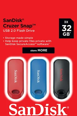 SanDisk® Cruzer Snap USB Flash Drives Pack of 3, 32GB, Black, Blue, Red