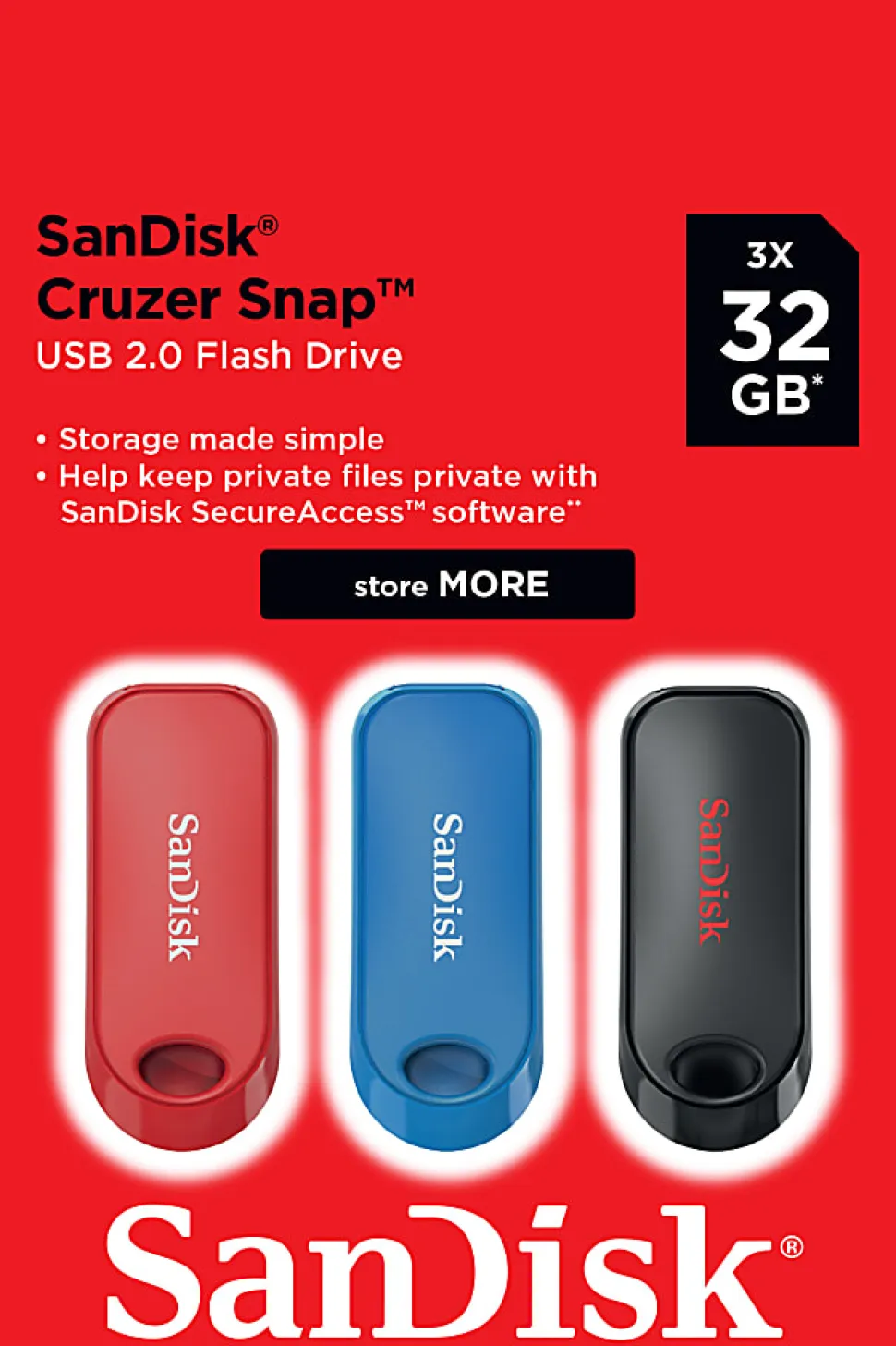 SanDisk® Cruzer Snap USB Flash Drives Pack of 3, 32GB, Black, Blue, Red