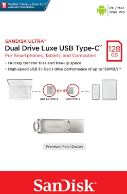 SanDisk® iXpand® Dual Drive USB-C Luxe Flash Drive, 128GB, Silver