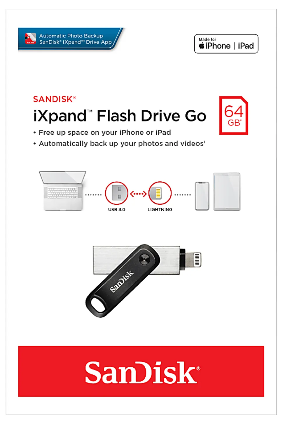 SanDisk® iXpand USB 3.0/Lightning Flash Drive, 64GB, Silver
