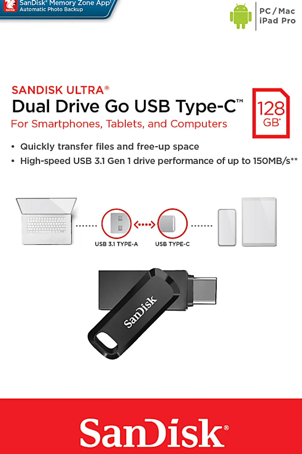 SanDisk® Ultra® Dual Drive Go USB Type-C™ Flash Drive, 128GB, Black