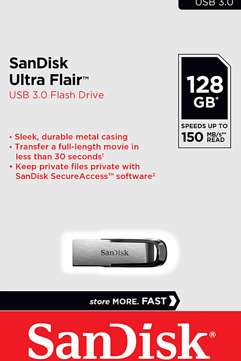 SanDisk Ultra Flair™ USB 3.0 Flash Drive, 256GB, Silver