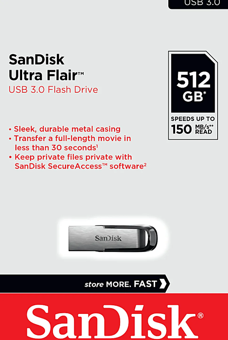 SanDisk Ultra Flair USB 3.0 Flash Drive, 512 GB, Silver