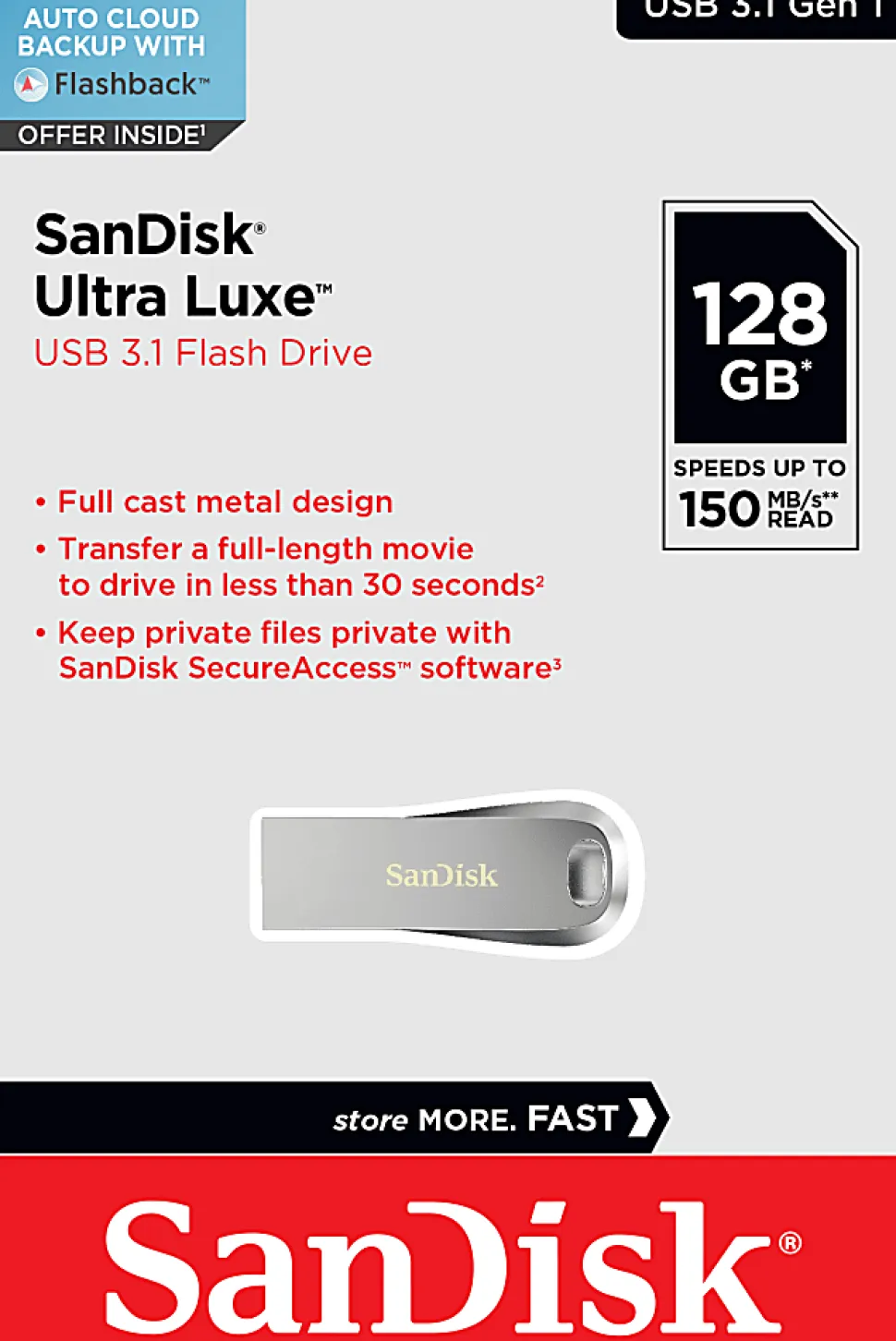 SanDisk Ultra Luxe USB 3.1 Flash Drive, 128GB, Silver Metal