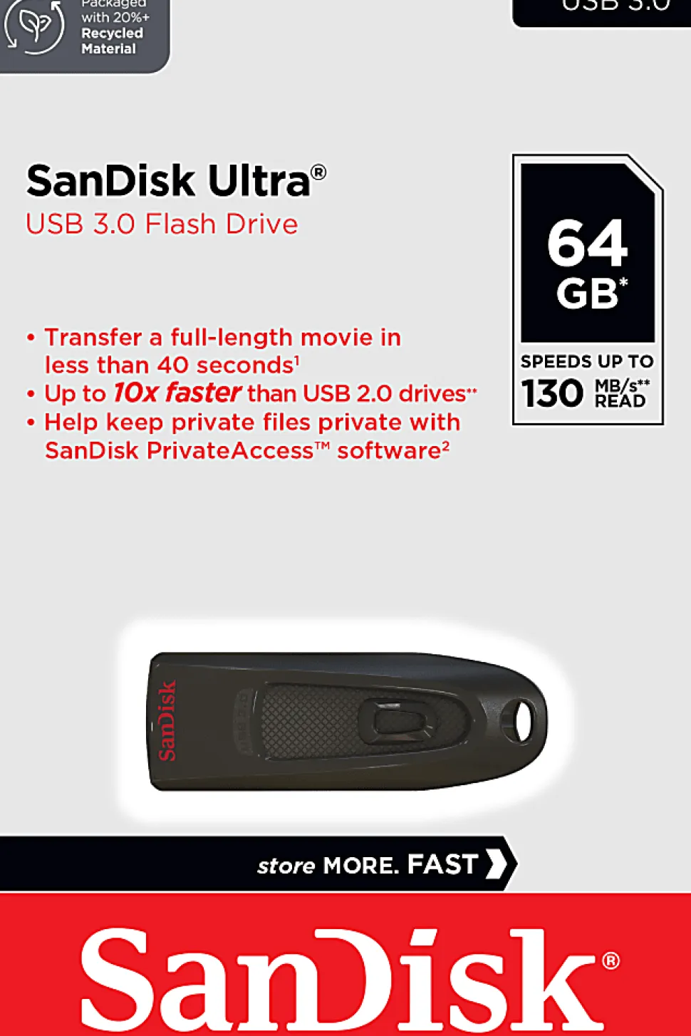 SanDisk® Ultra USB 3.0 Flash Drive, 64GB, Black