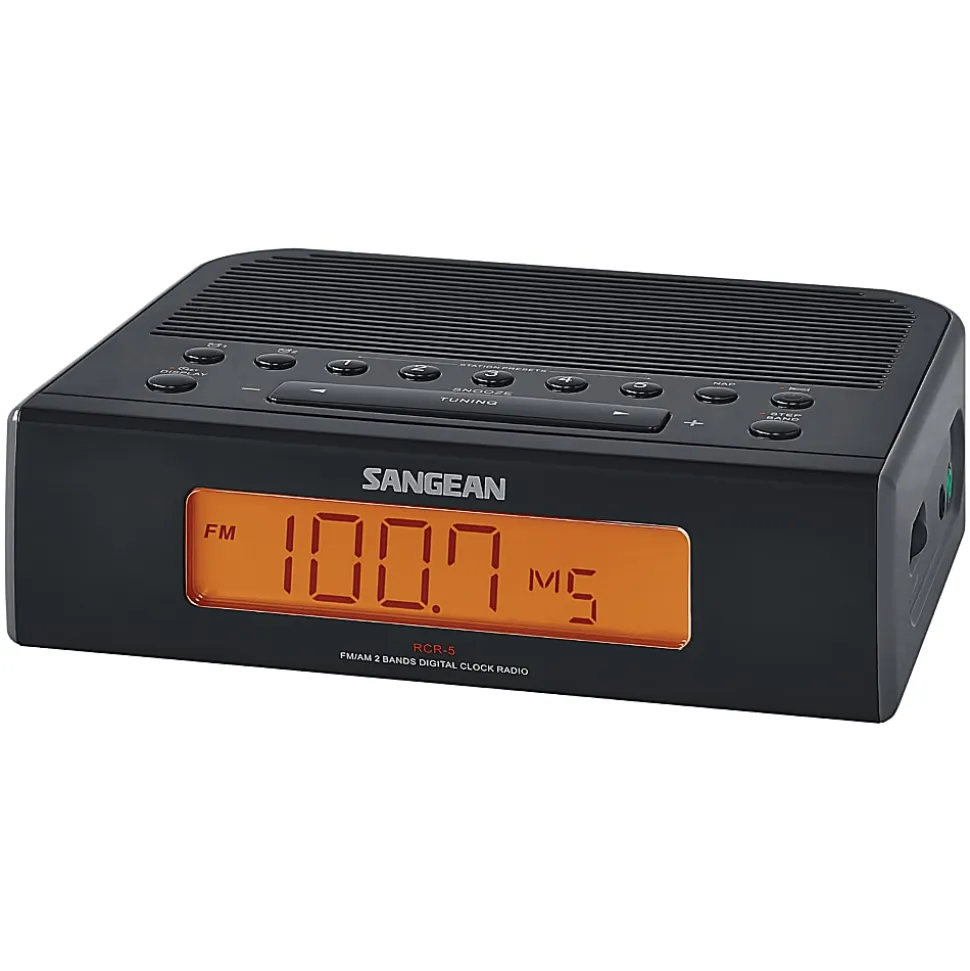Sangean RCR-5BK AM/FM Digital Tuning Clock Radio, 2-1/4”H x 6-13/16”W x 5-5/8”D