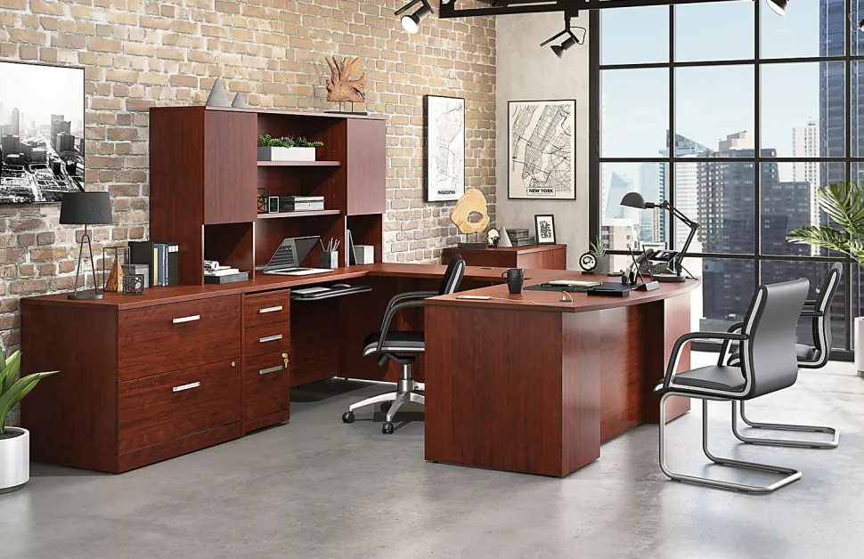 Sauder® Affirm 72"W Executive Bowfront Computer Desk With 42" Return, Classic Cherry