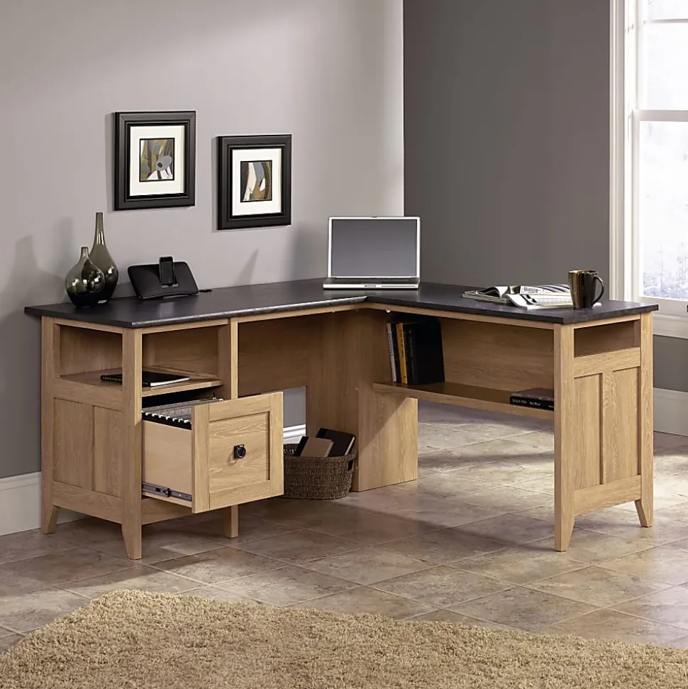 Sauder® August Hill 60"W L-Shaped Corner Desk, Dover Oak/Rosso Slate