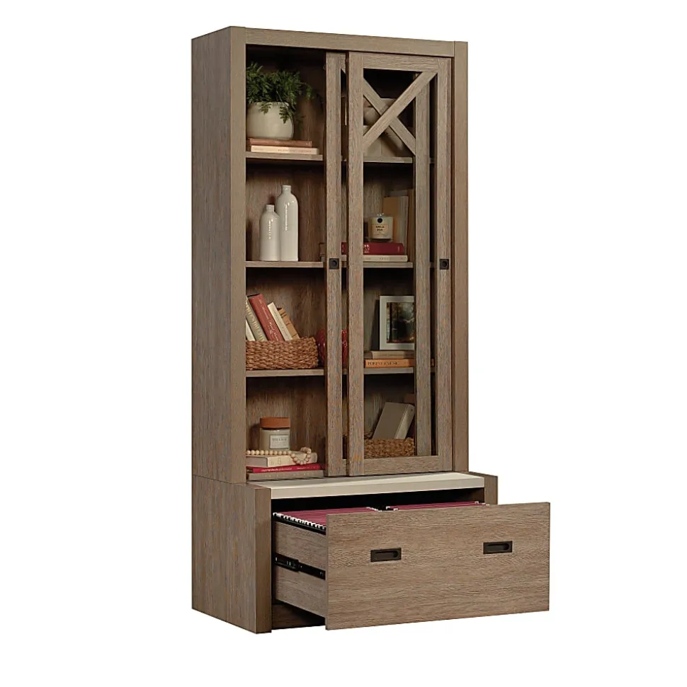 Sauder® Dixon City Library 4-Shelf Bookcase With Sliding Doors And Filing Drawer, Brushed Oak™/Pebble White™