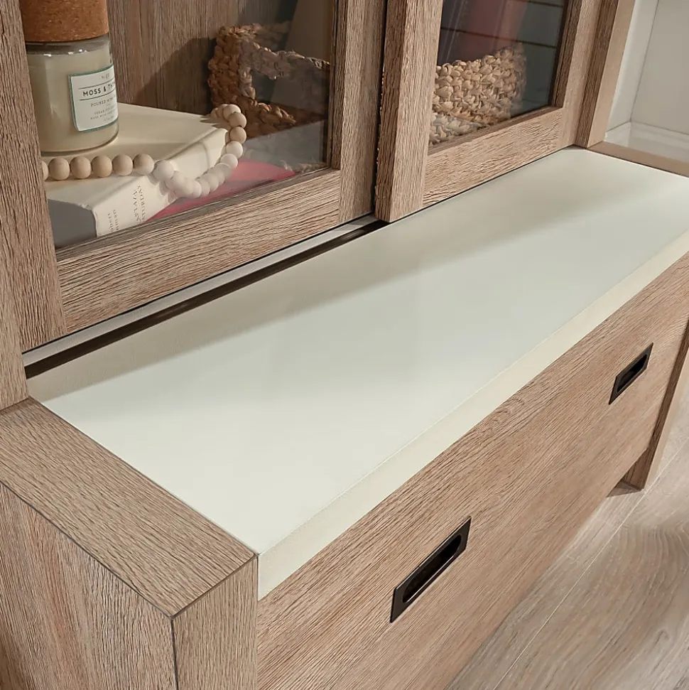 Sauder® Dixon City Library 4-Shelf Bookcase With Sliding Doors And Filing Drawer, Brushed Oak™/Pebble White™