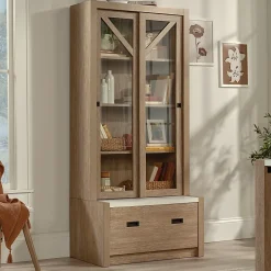 Sauder® Dixon City Library 4-Shelf Bookcase With Sliding Doors And Filing Drawer, Brushed Oak™/Pebble White™