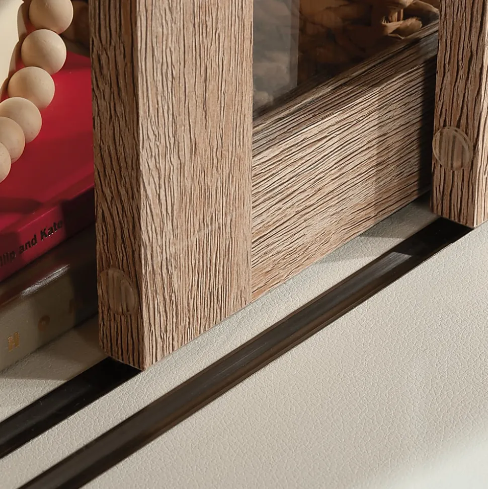 Sauder® Dixon City Library 4-Shelf Bookcase With Sliding Doors And Filing Drawer, Brushed Oak™/Pebble White™