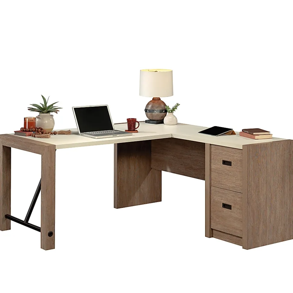 Sauder Dixon City® 66"W L-Shaped Computer Desk With Drawers, Brushed Oak™/Pebble White™