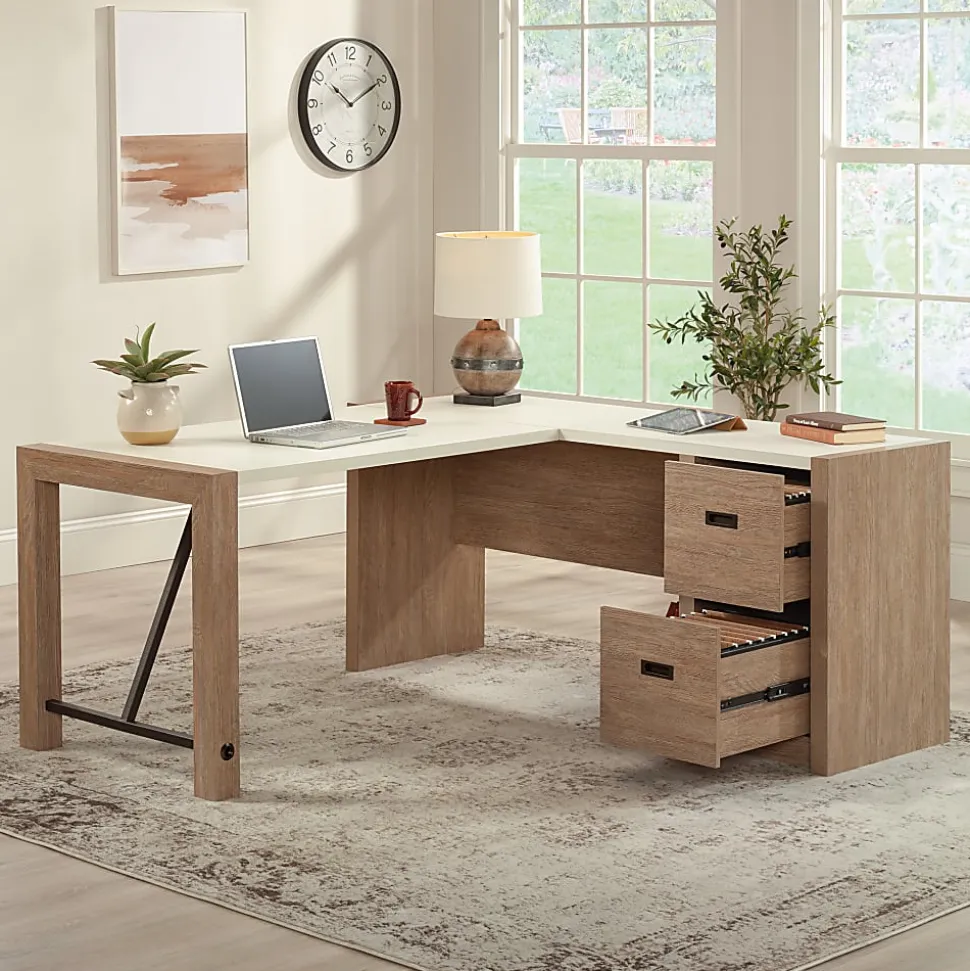 Sauder Dixon City® 66"W L-Shaped Computer Desk With Drawers, Brushed Oak™/Pebble White™