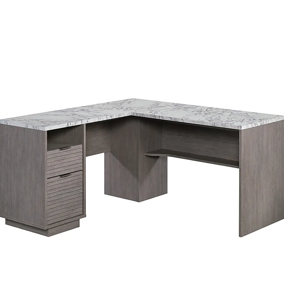 Sauder® East Rock 59"W L-Computer Desk With Filing Drawer, Ashen Oak/Faux White Marble