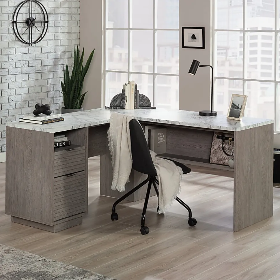 Sauder® East Rock 59"W L-Computer Desk With Filing Drawer, Ashen Oak/Faux White Marble