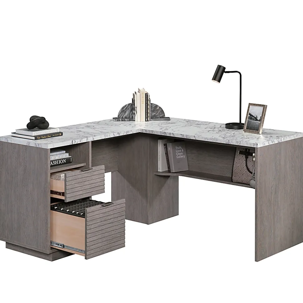 Sauder® East Rock 59"W L-Computer Desk With Filing Drawer, Ashen Oak/Faux White Marble
