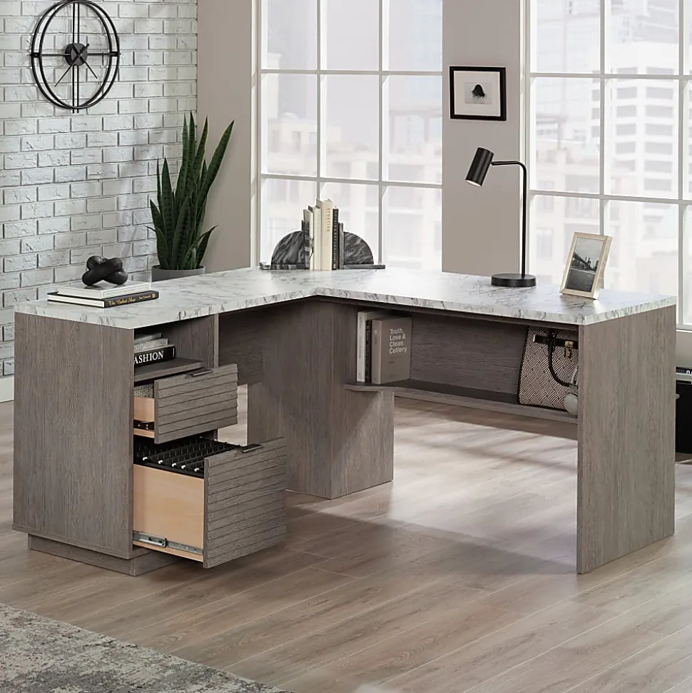 Sauder® East Rock 59"W L-Computer Desk With Filing Drawer, Ashen Oak/Faux White Marble