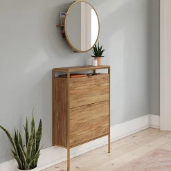 Sauder® International Lux 31"W Wall-Mount Entryway Shoe Cabinet With Round Mirror, Sindoori Mango