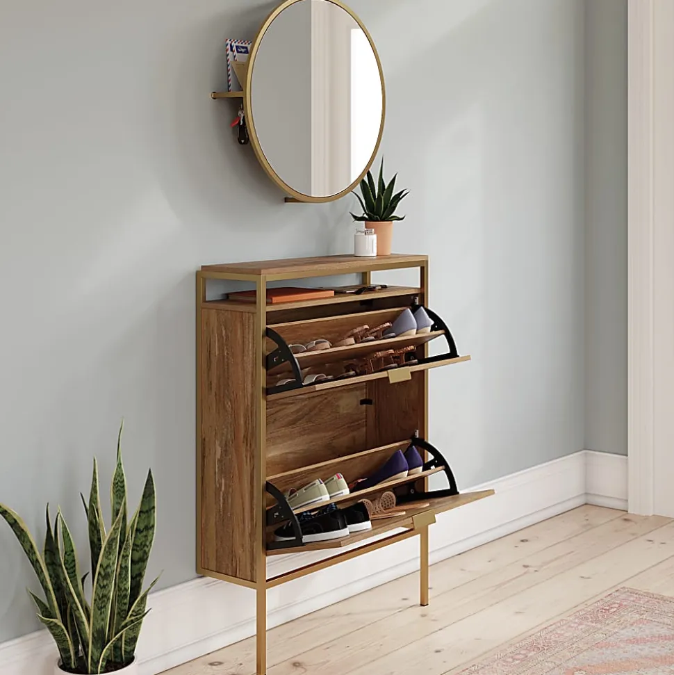 Sauder® International Lux 31"W Wall-Mount Entryway Shoe Cabinet With Round Mirror, Sindoori Mango