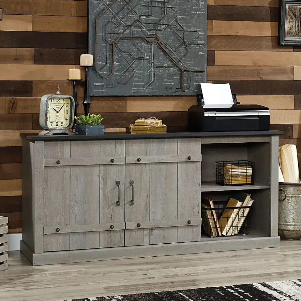 Sauder® Select Farmhouse Entertainment Credenza With Sliding Doors For 70" TVs, Mystic Oak/Raven Oak